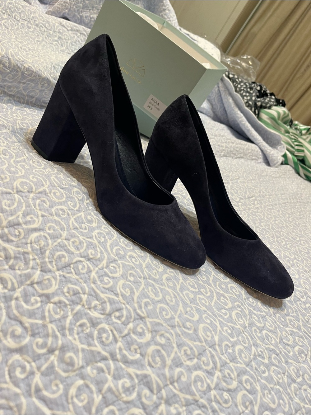 Women's navy blue Suede Block Heel Pumps - Sophisticated Everyday Heel